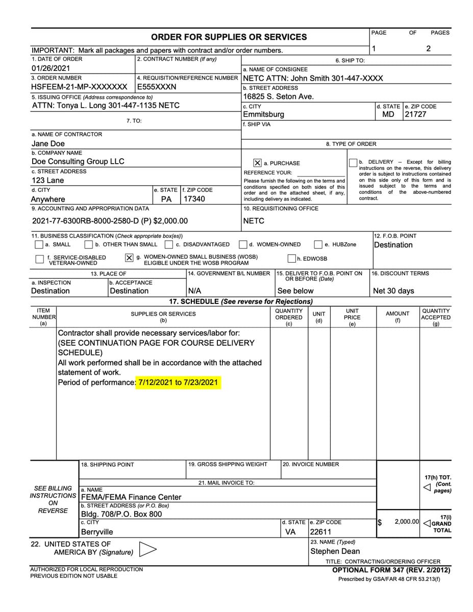 NFA Contract Instructor Invoice for Payment