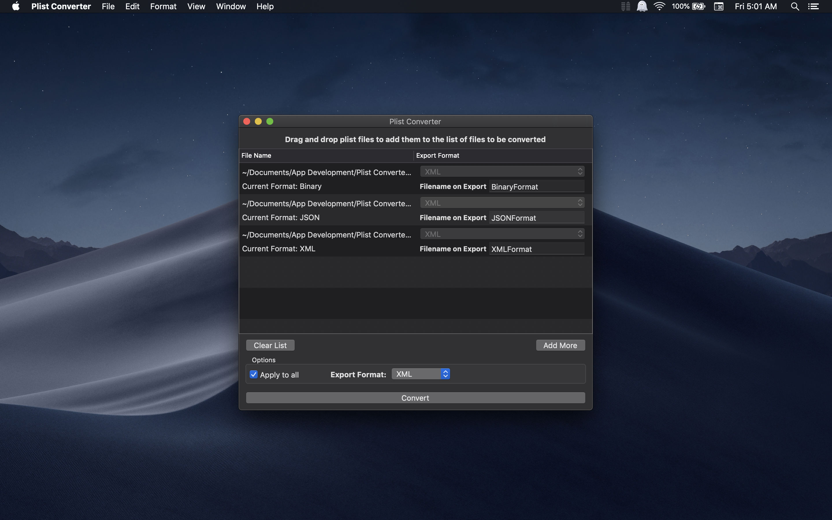 Plist Converter app for macOS