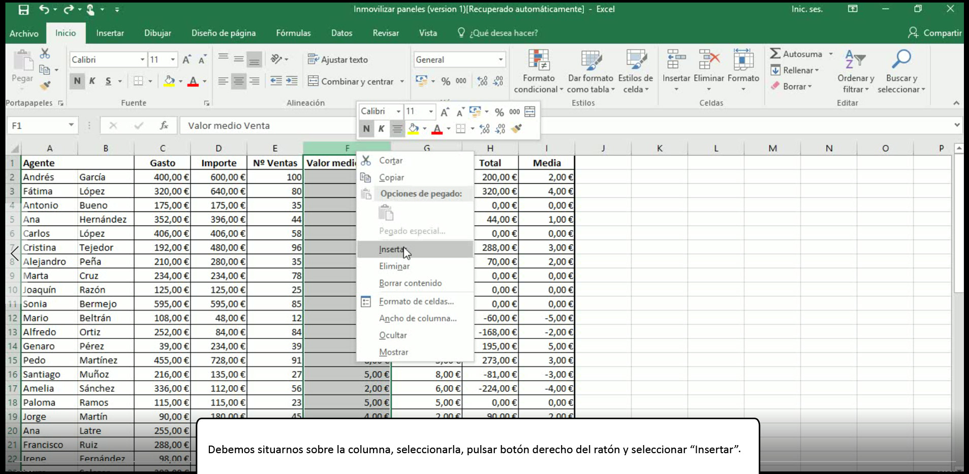 Insertar filas y columnas en Excel