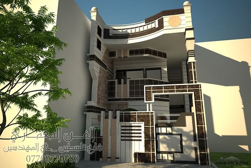 صميم واجهة بيت 5 متر مكون من ثلاث طوابق باستخدام الحجر والغرانيت