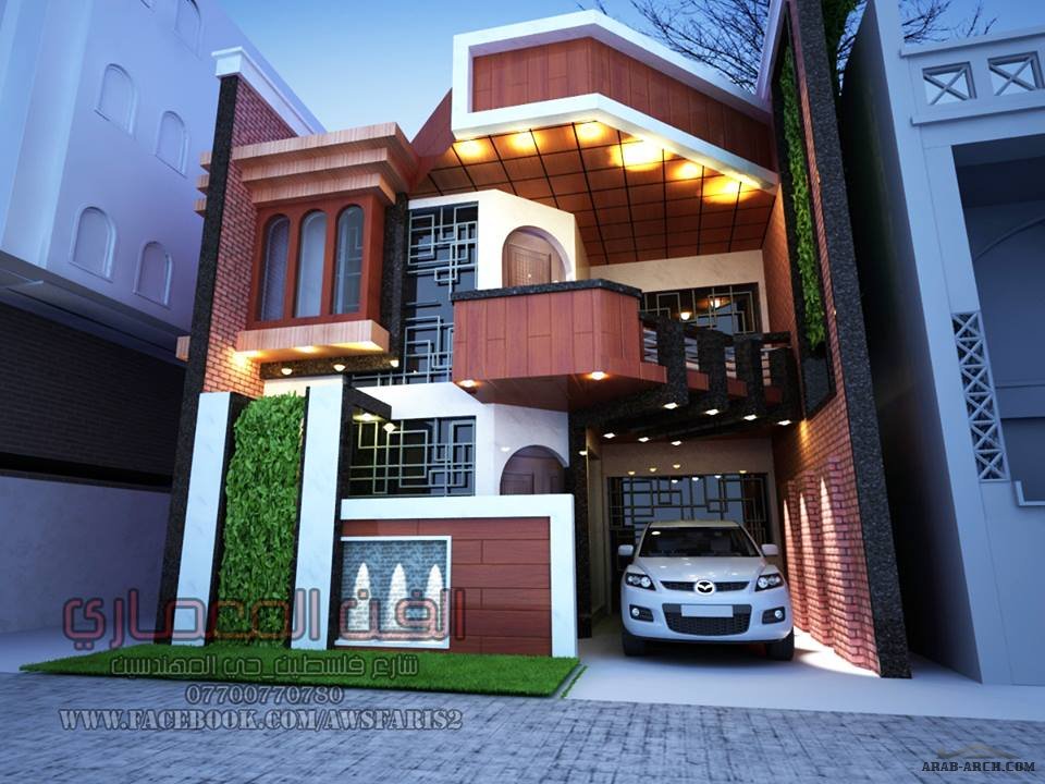 بيت ذو واجهة 7 متر باستخدام نمط التوجه التراثي مع نمط الحداثه م