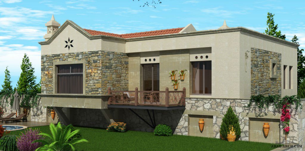 تصميم بيت تركى بحديقة ومسبح طابق واحد » arab arch
