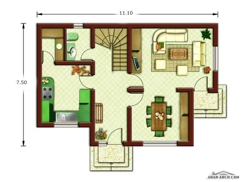 مساقط فيلا صغيرة المساحه 7.5 *11 متر 3 غرف نوم » arab arch