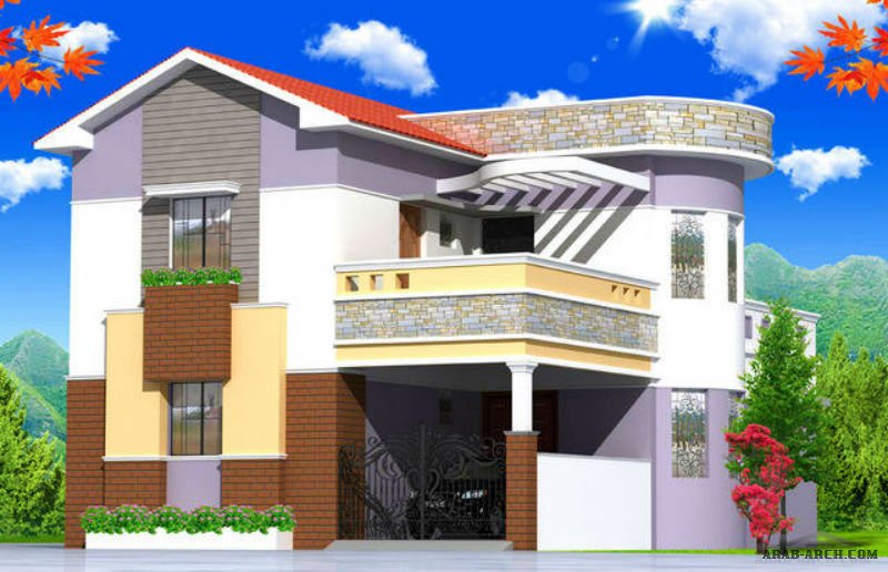 تصميم بيت ريفى طابق ارضى ونصف علوى مع تراس علوى كبير » arab arch