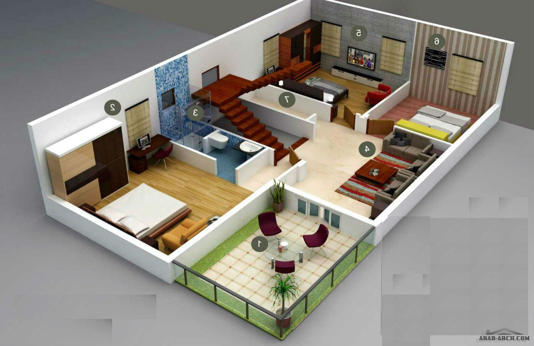 فيلا صغيرة المساحة تصميم مودرن 3 غرف نوم المخطط 3d » arab arch