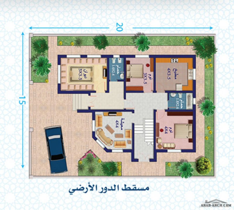 نموذج فلة دور واحــد مساحة الأرض 300 متر مربع مساحة البناء 134 متر
