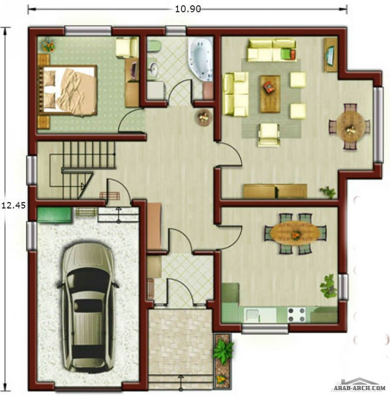خريطة فيلا طابقين صغيرة مساحه الارض (10.90 * 12.45) 5 غرف نوم 1 ماستر