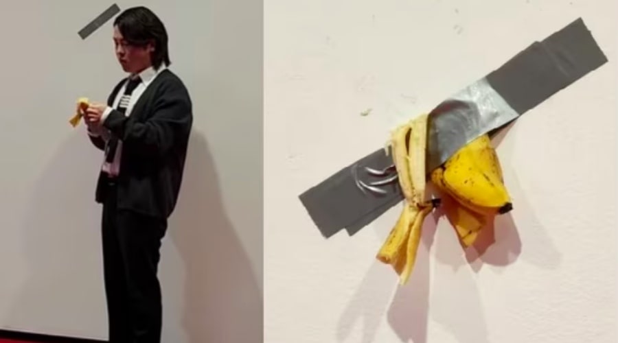 Video Hungry student eats expensive banana artwork on display in Seoul