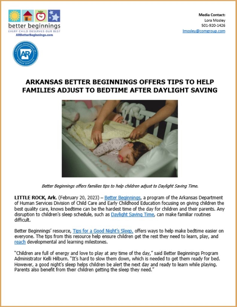 Arkansas Better Beginnings Offers Tips to Help Children Adjust to Daylight Saving Time AR