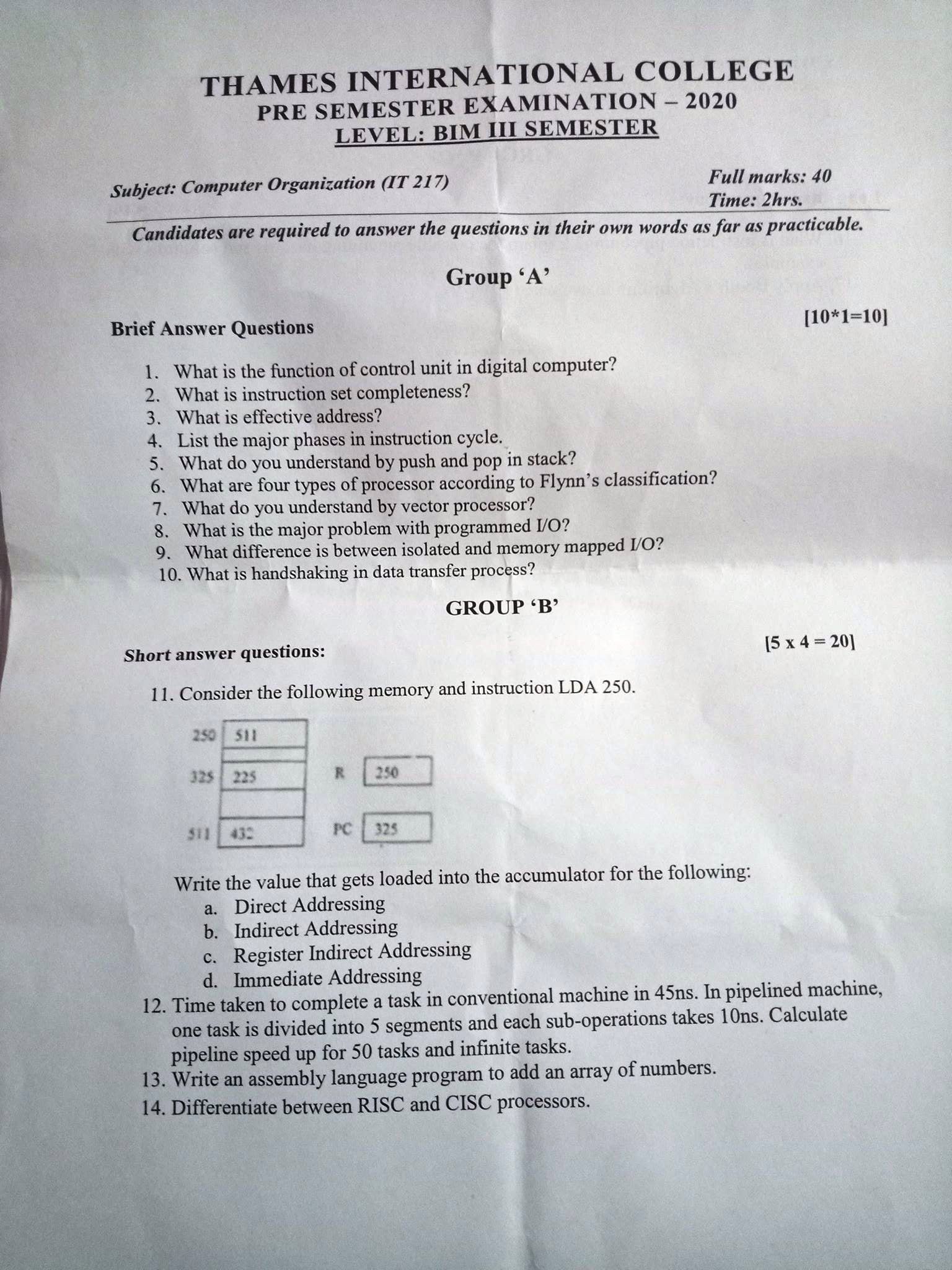 3rd semester pre board paper 2020