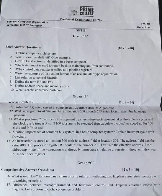 3rd semester pre board paper 2020