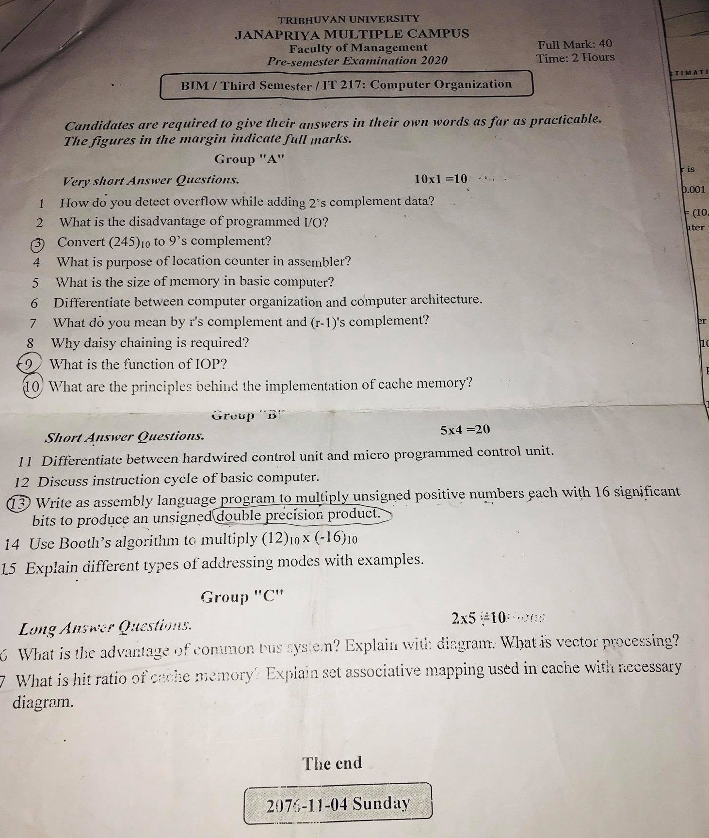 3rd semester pre board paper 2020