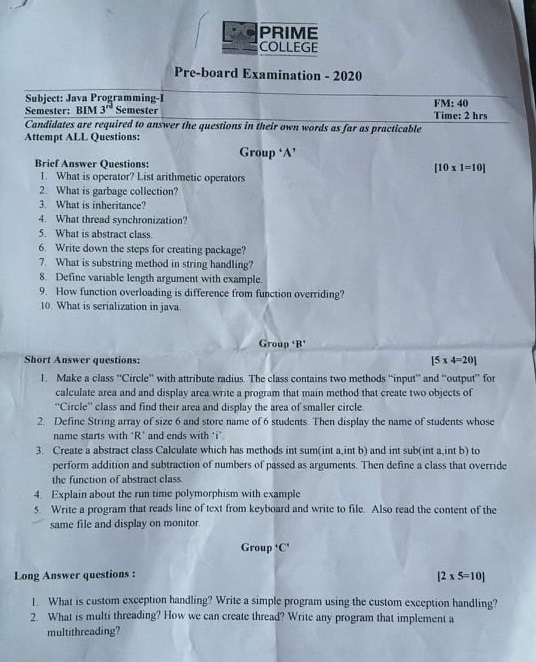 3rd semester pre board paper 2020