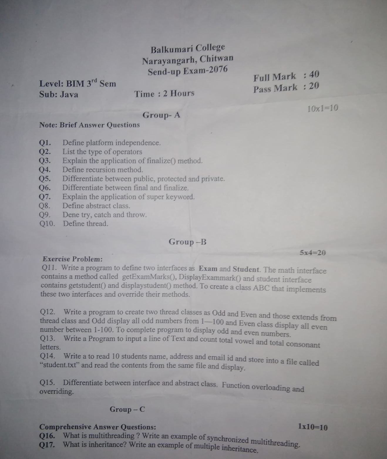 3rd semester pre board paper 2020