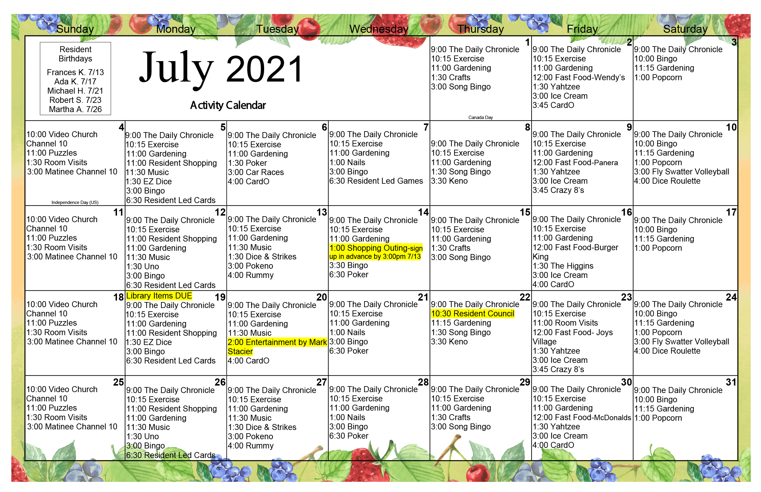 July 2021 Event Calendar