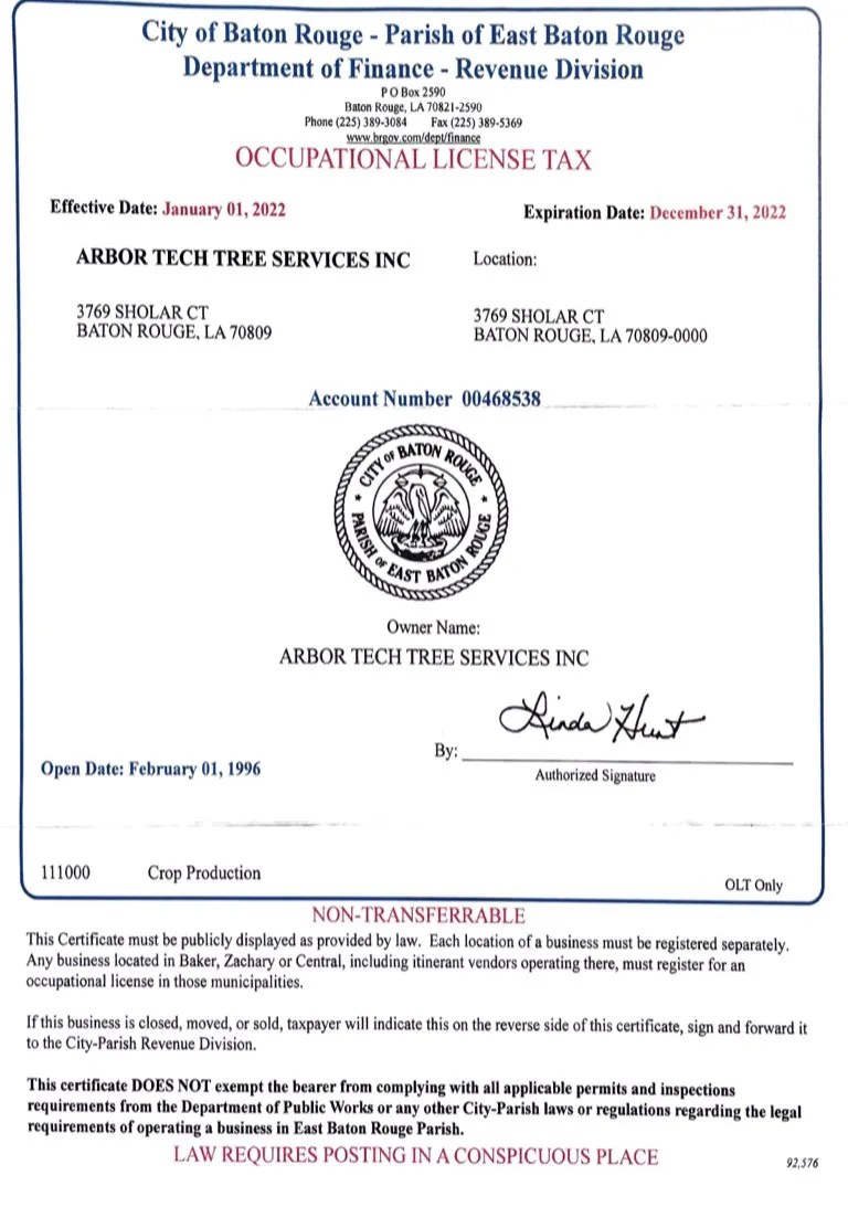 Licensed And Insured Tree Service, Certified Arborist In Baton Rouge LA