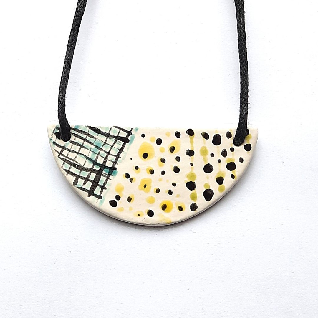 Handmade Ceramic Necklace White with Pastel/Black Arc Centre