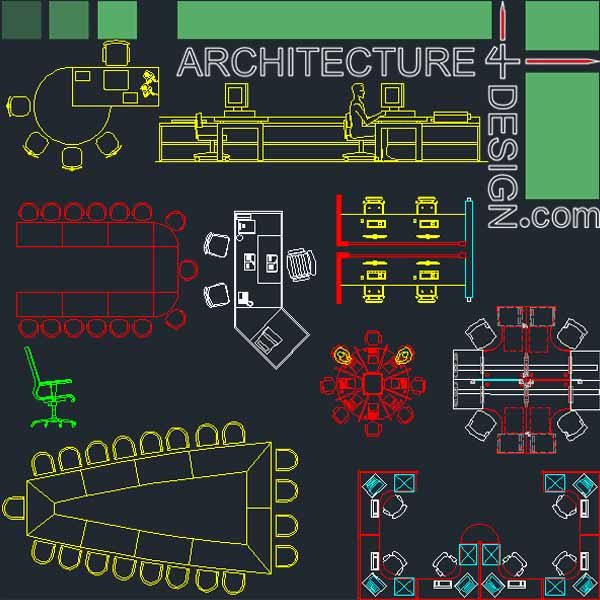 Office furniture symbols and layouts collection, AutoCad DWG file