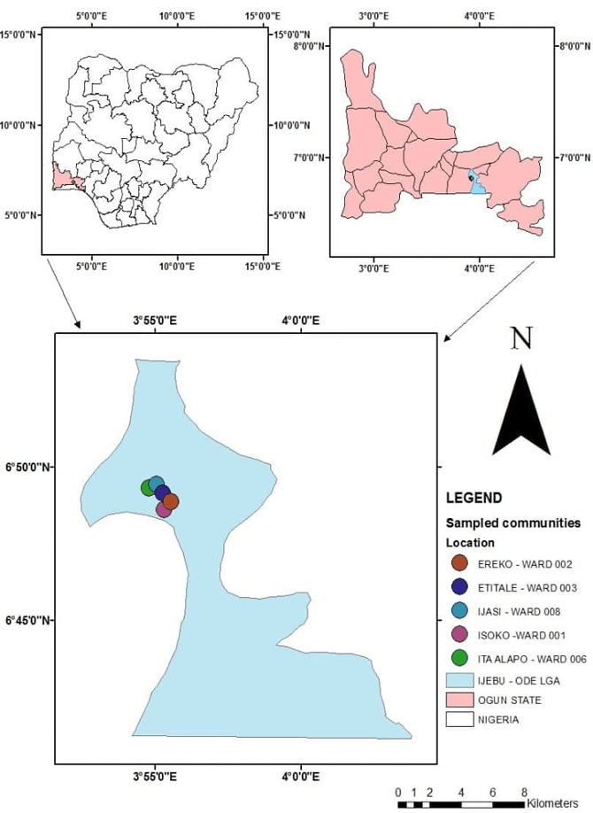 Figure1. Spatial Map of Ijebu ode showing the sampling locations.