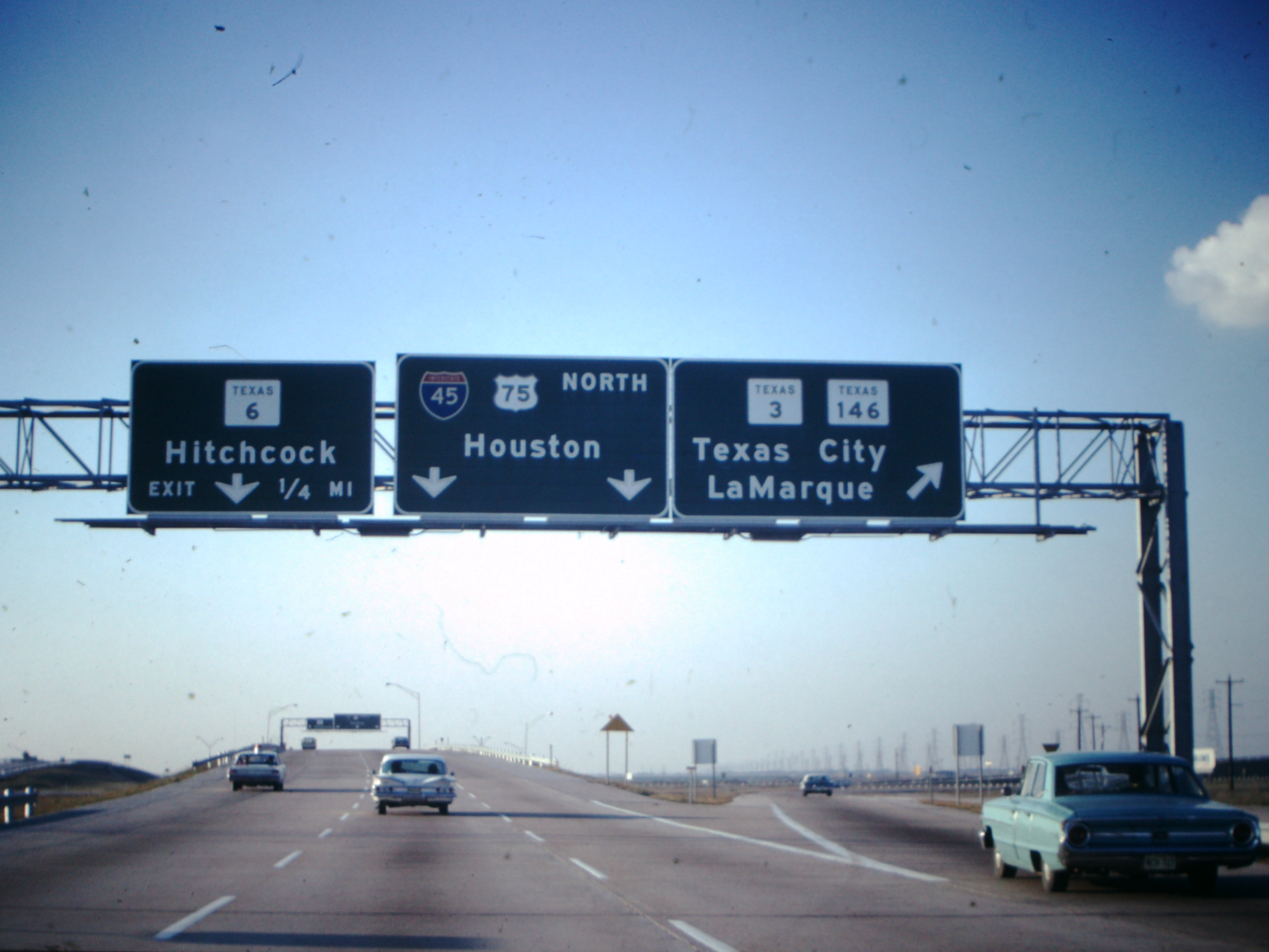 Texas highway signs 1978 (Texas City, LaMarque, Hitchcock, Houston