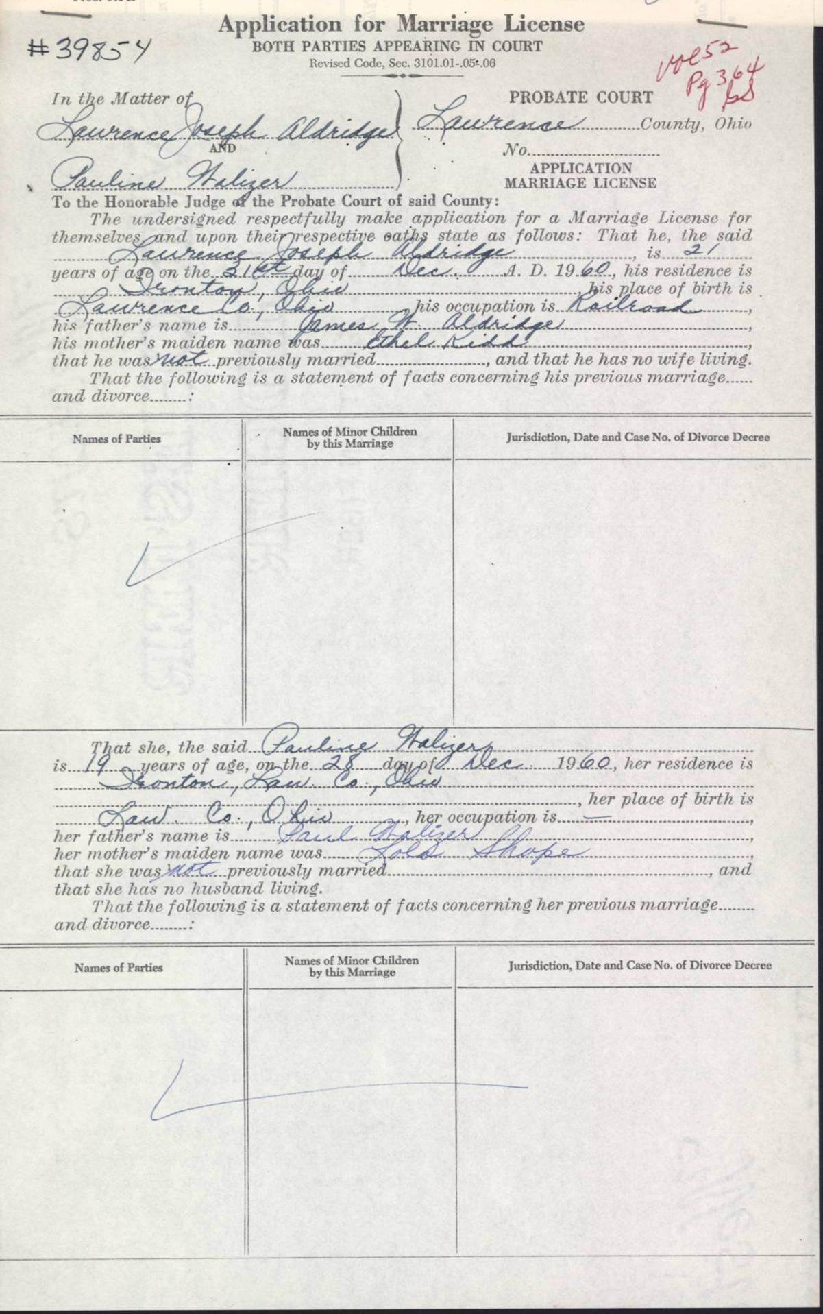 Courthouse Records Marriage Applications Lawrence County, Ohio