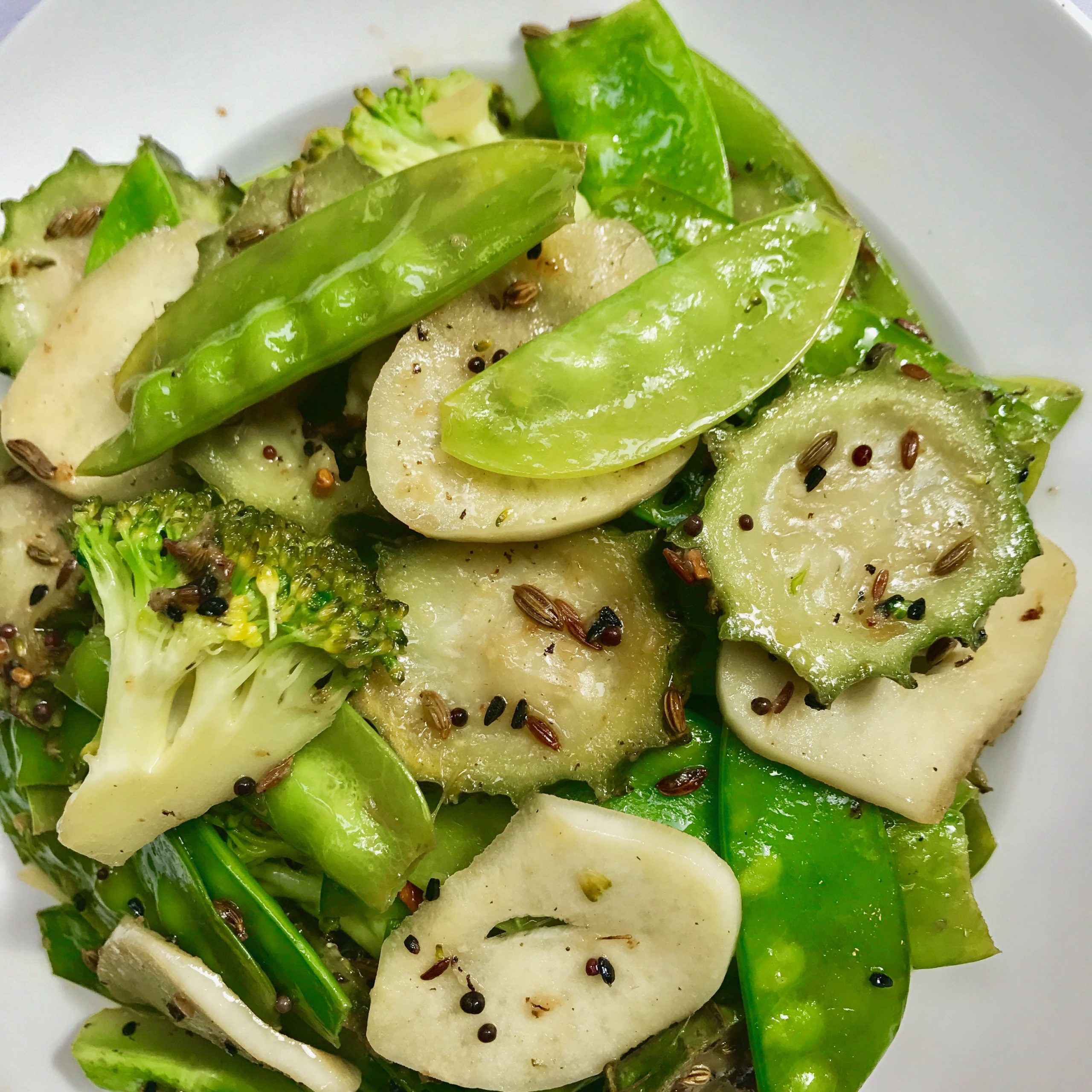 Snow Peas, Broccoli and Zucchini with Elephant Garlic Arch's Teas and