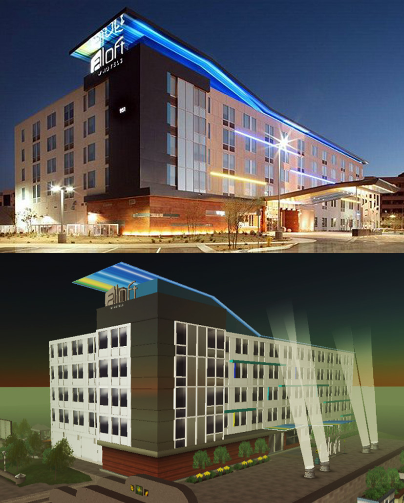 Construction of aLoft's flagship hotels, first prototyped in Second