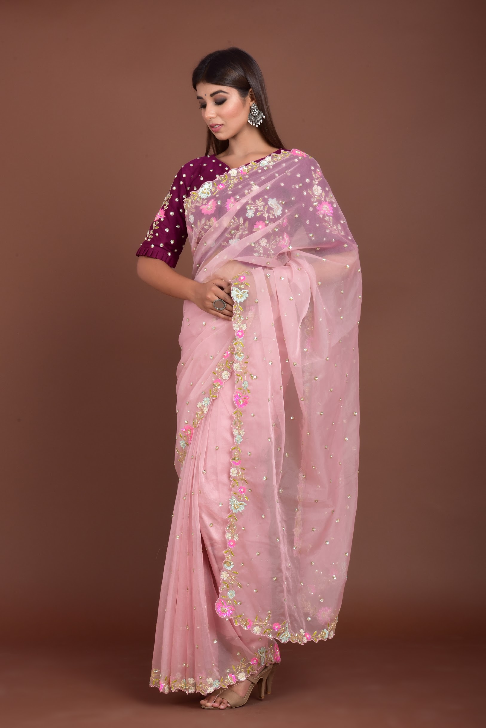 ONION PINK ORGANZA SAREE WITH COLOR SEQUENCE WORK Ariha Jaipur