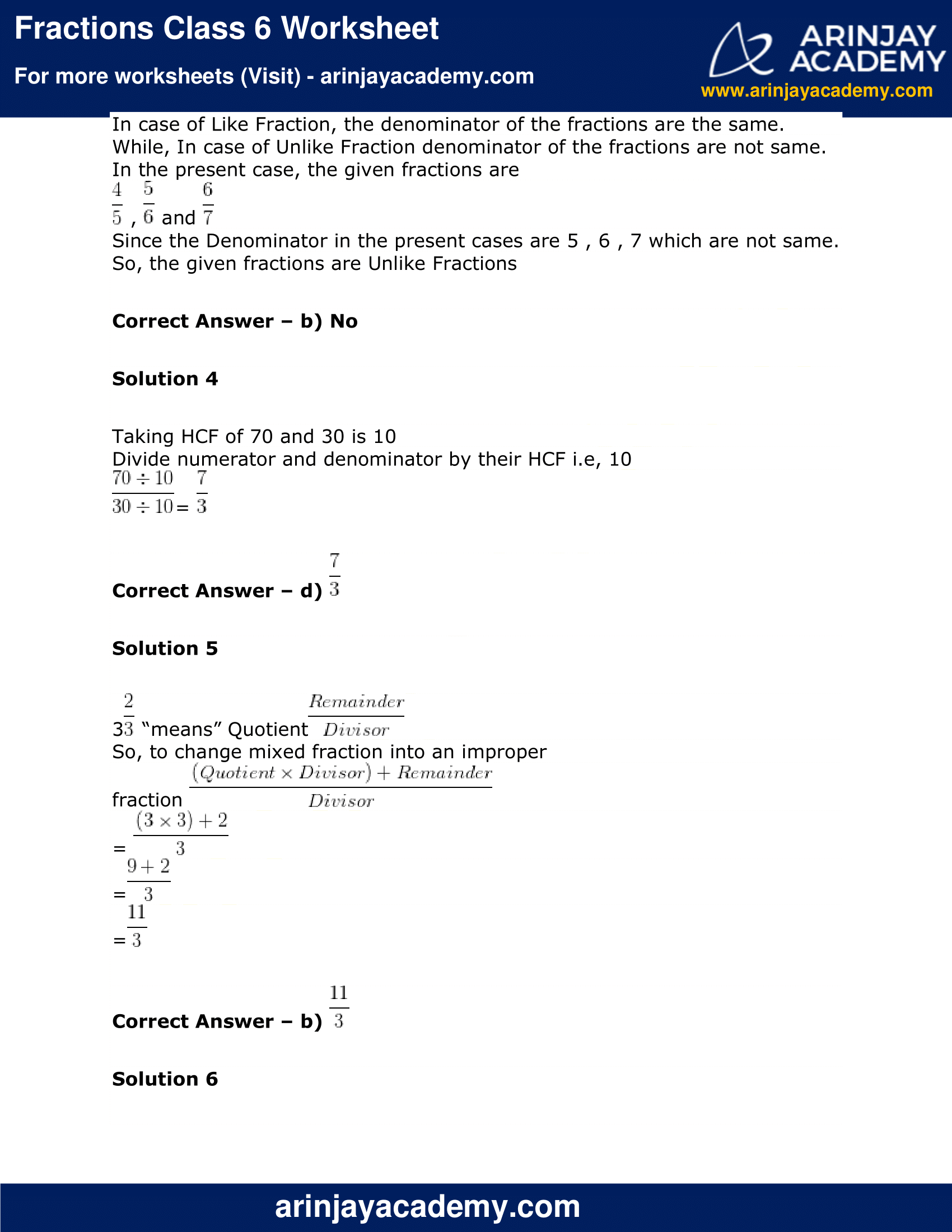 Fractions Class 6 Worksheet Maths Arinjay Academy