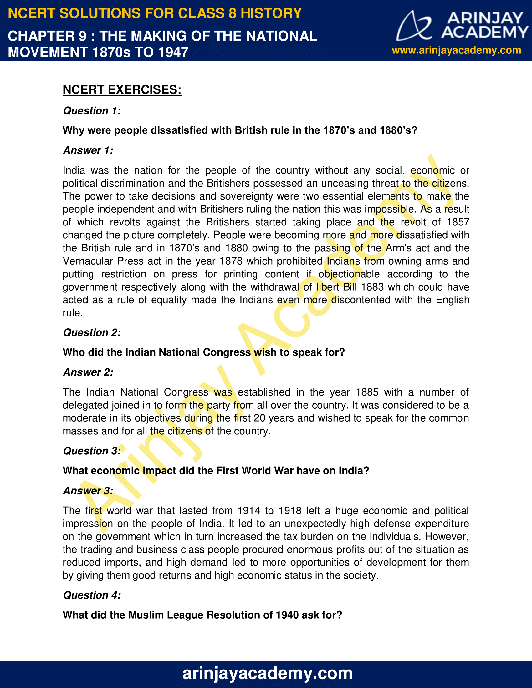 NCERT Solutions for Class 8 History Chapter 9 Arinjay Academy