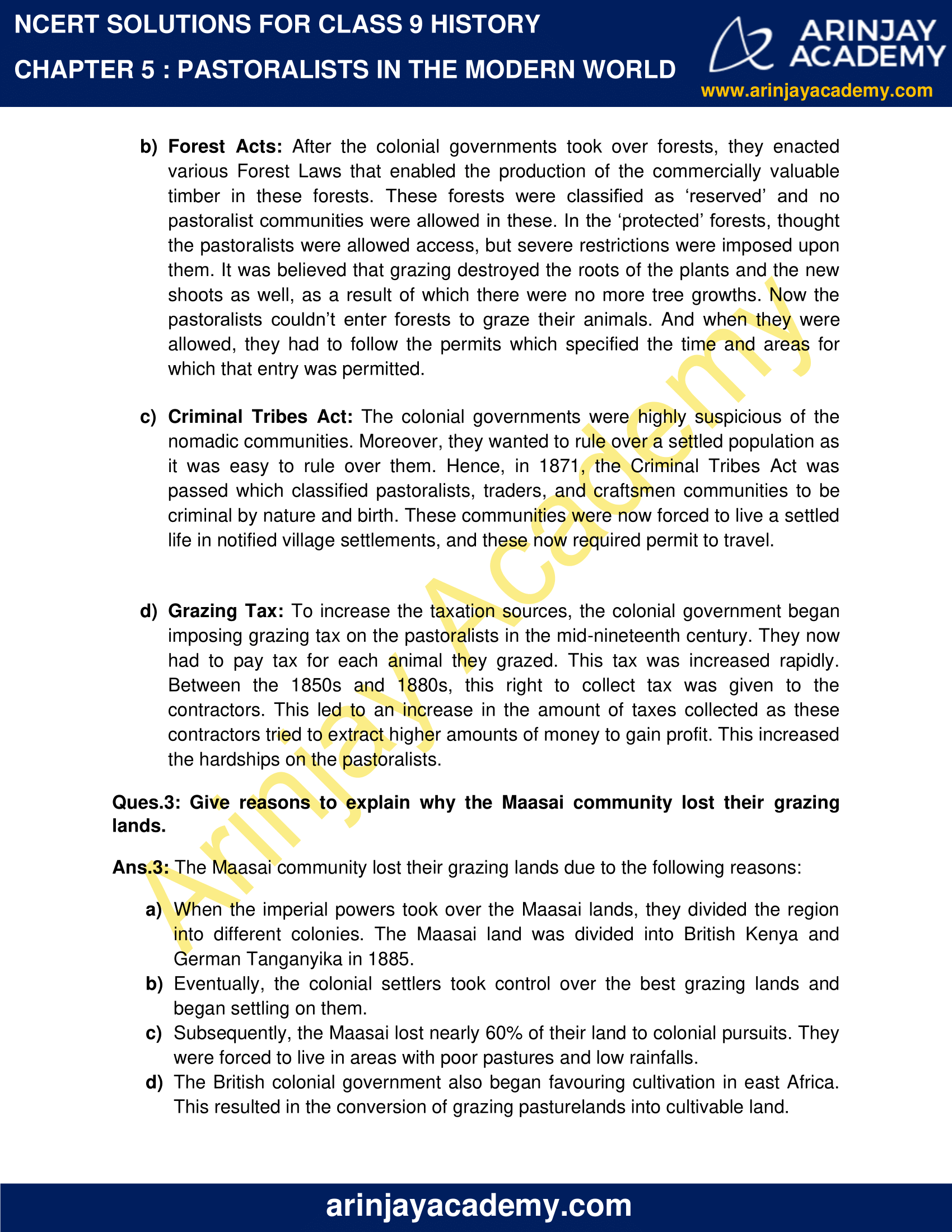 NCERT Solutions for Class 9 History Chapter 5 Arinjay Academy