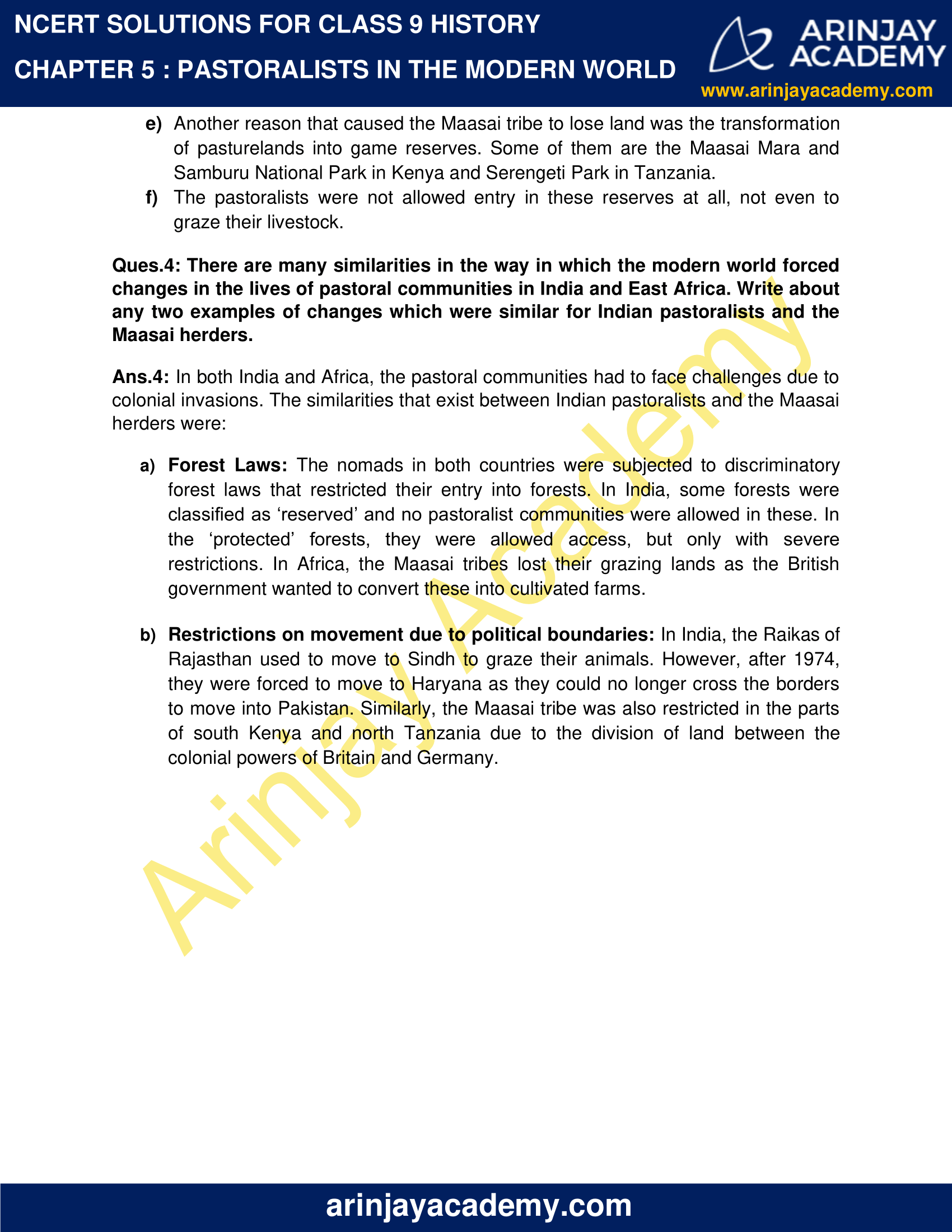 NCERT Solutions for Class 9 History Chapter 5 Arinjay Academy