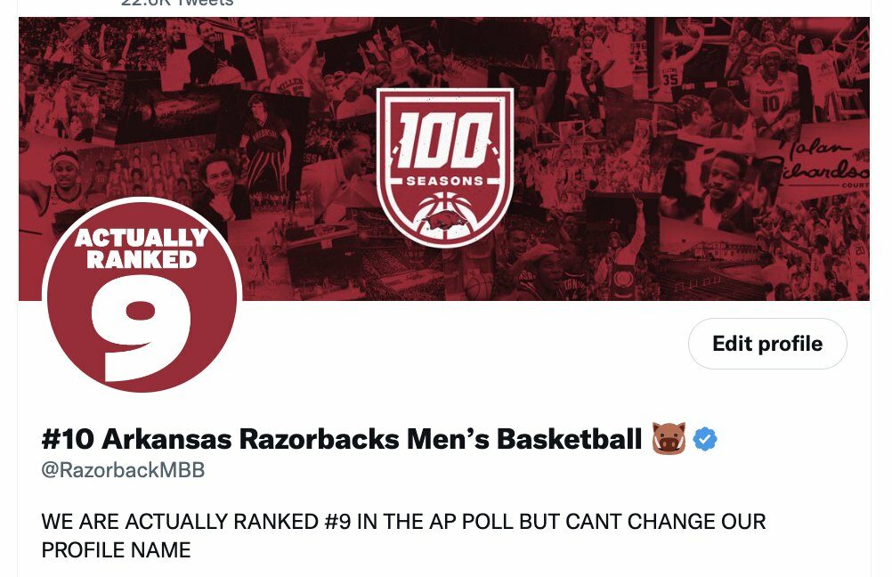 Razorback men's basketball team unable to change Twitter name to reflect ranking, tweets to Elon