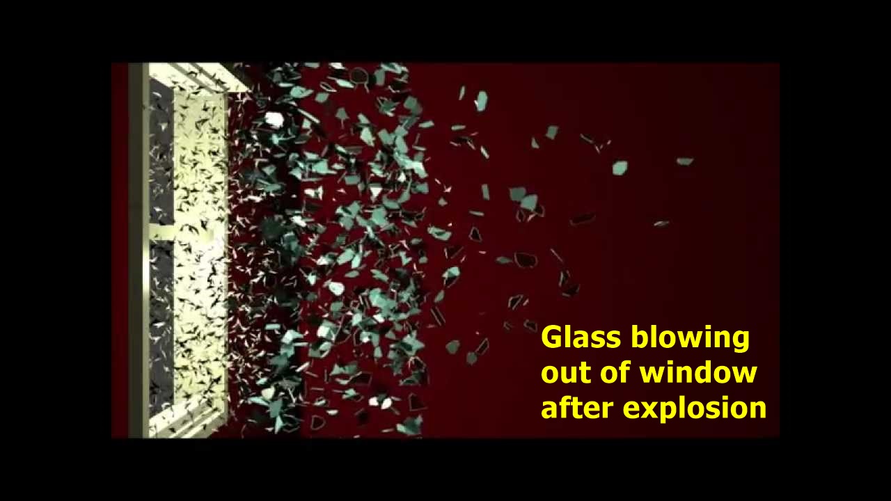 Glass exploding from broken window blast wave labeled Armor Glass®