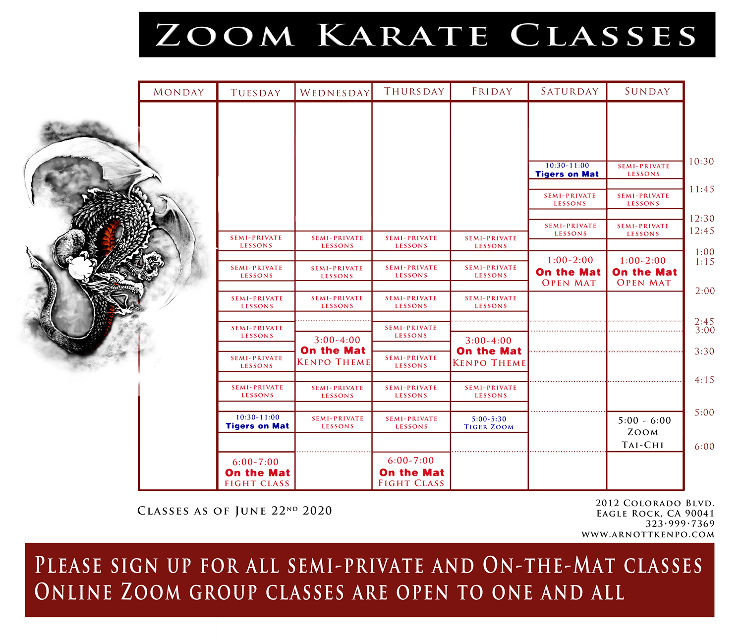 Arnott American Kenpo Karate Pasadena Schedule of Self Defense Karate