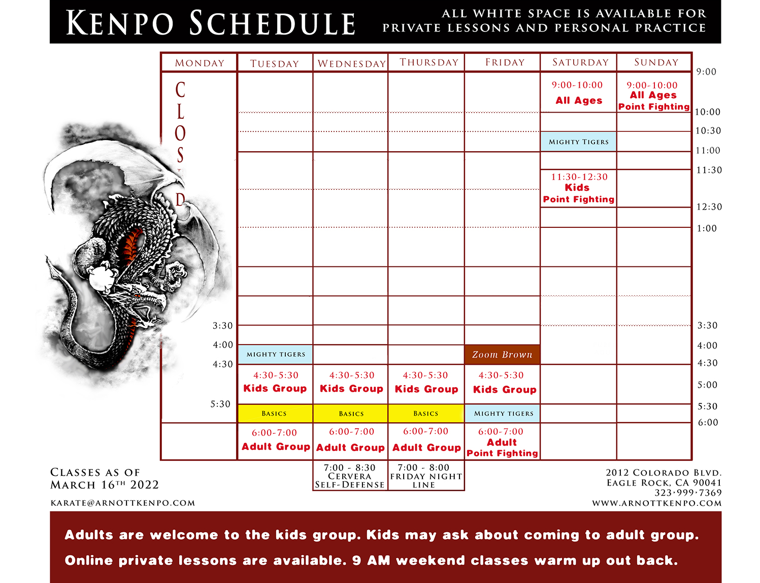 Arnott Kenpo Class Schedule and Calendar