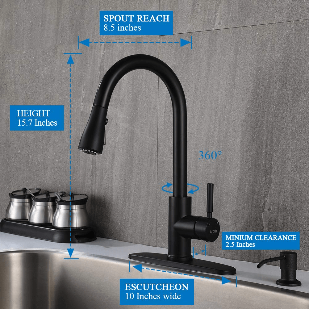 Pull Down Kitchen Sink Faucet Arofa A02BY Contemporary Matte Black Single Handle Gooseneck