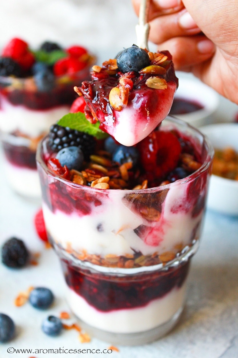 Yogurt Parfait With Granola And Fruit Compote (Vegan) Aromatic Essence