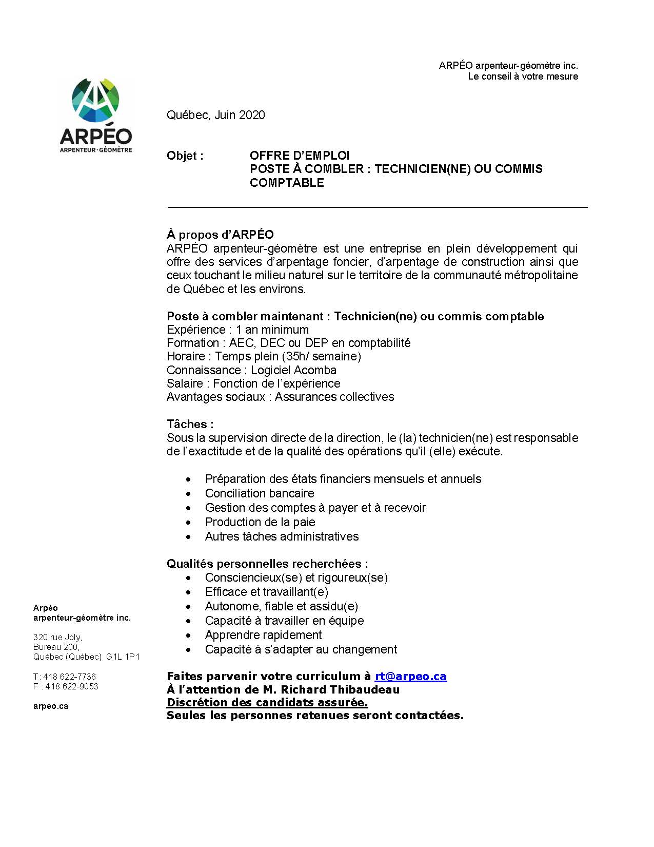 Offre d'emploi Technicien(ne) ou commis comptable