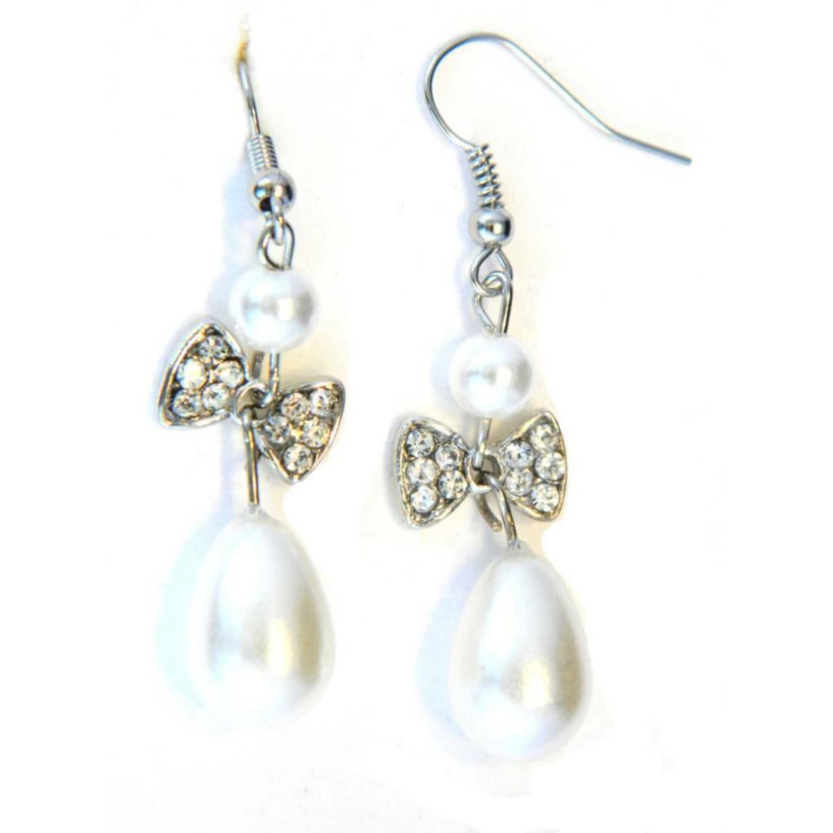 Pearl and crystal bow drop earrings in silver plate Arran View