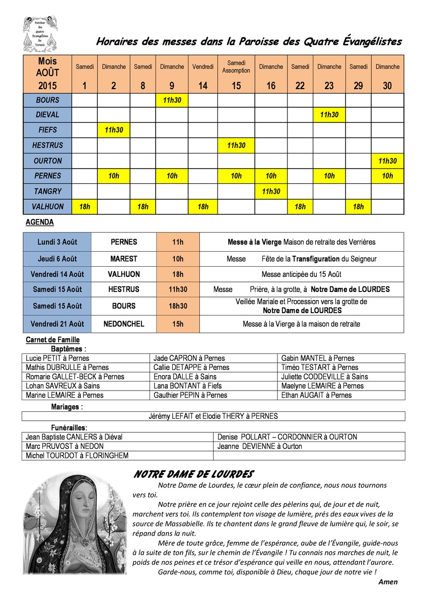 Horaires des messes et Agenda du mois d'Août 2015