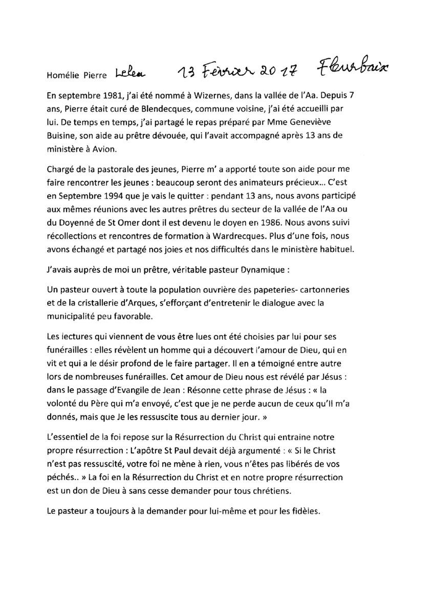 Homélie des funérailles de l'abbé Pierre Leleu