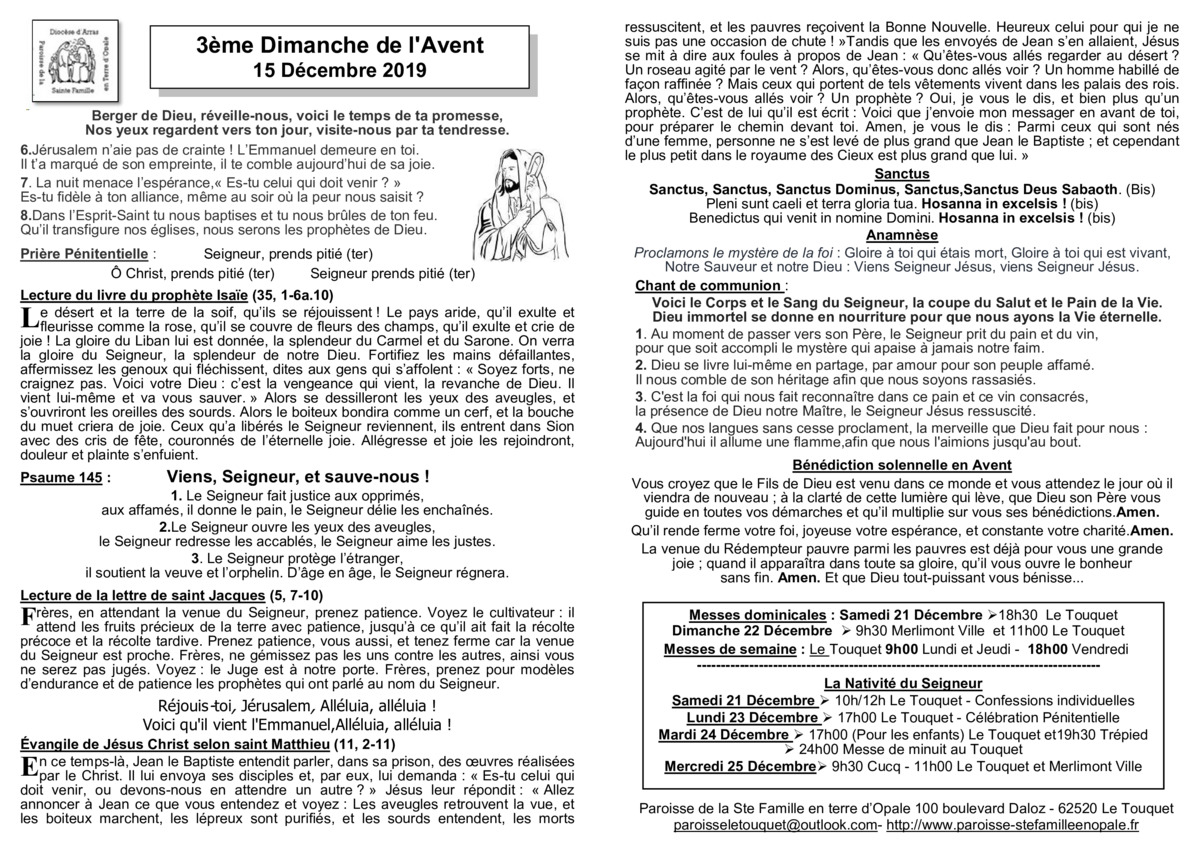 Feuille de messe du 15 Décembre 2019 Paroisse de la Sainte Famille le Touquet