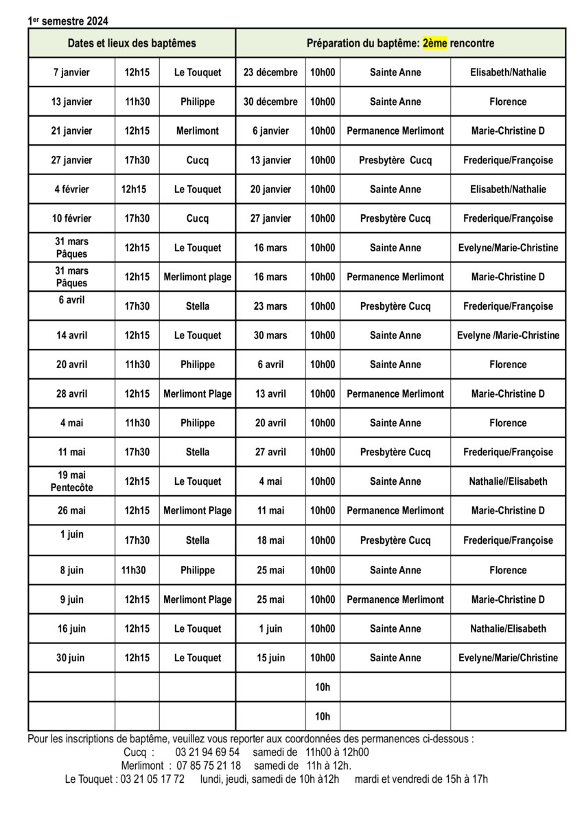 Plannings baptêmes du 1er et 2ème semestre 2024 Paroisse de la Ste