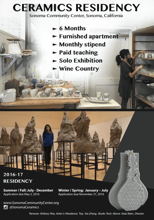 Ceramics Residency, Sonoma, CA. Deadline Nov. 21 •
