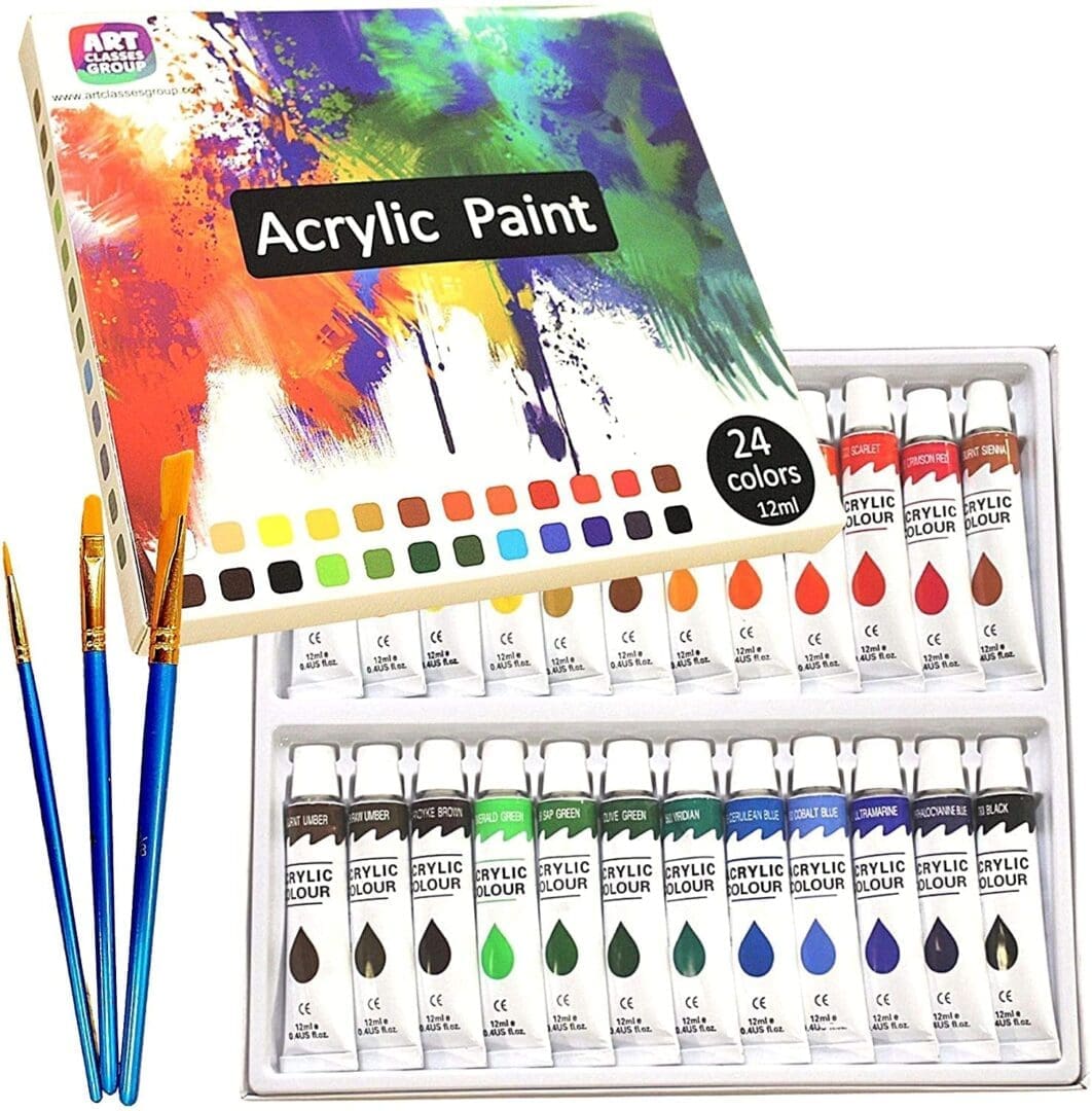 Acrylic Paint Set of 24 colours and 3 Brushes Premium Quality Art