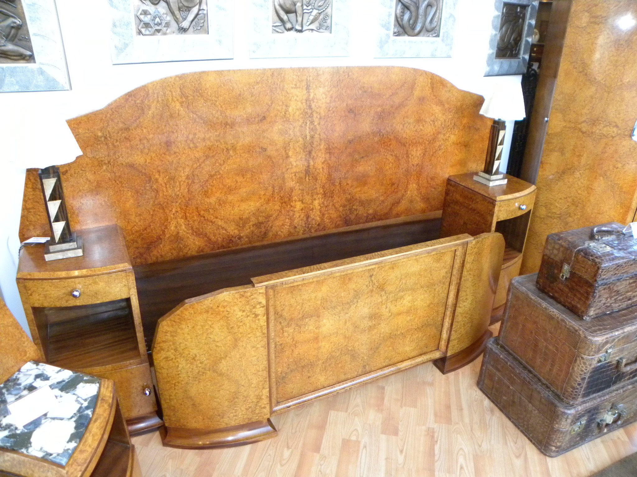 Fabulous Art Deco Modernist Amboyna Burl Queen Bedroom Suite Sold