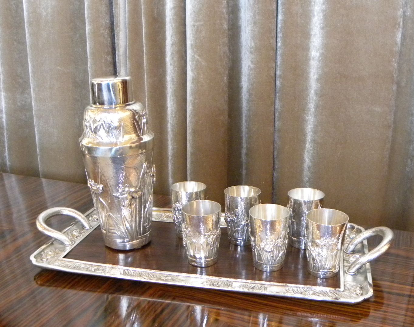 Exceptionally Rare Sterling Art Deco Cocktail Shaker, Tray and Glasses