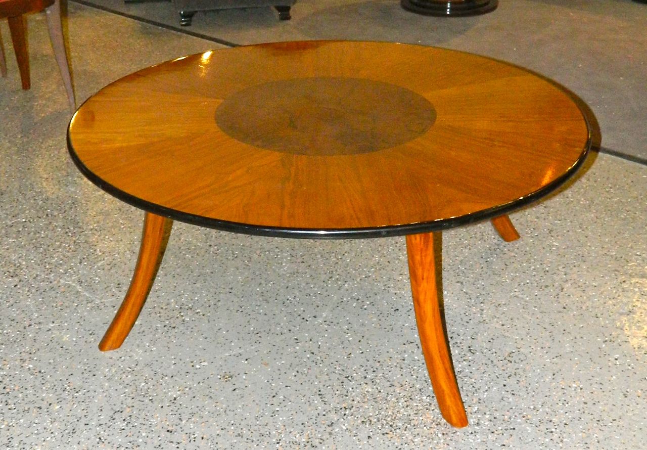 Great art deco customdesign round coffee table with multi color woods