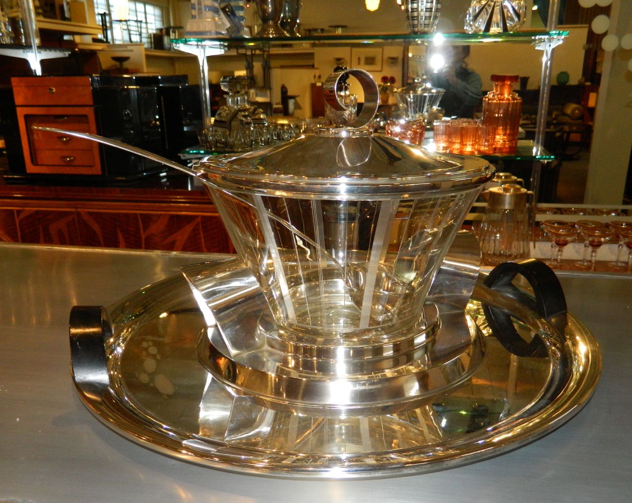 Stunning Rare Art Deco Etched glass modernist Punch bowl & Tray Tableware Art Deco Collection